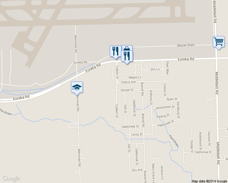 map of restaurants, bars, coffee shops, grocery stores, and more near 15404 Colbert St in Romulus