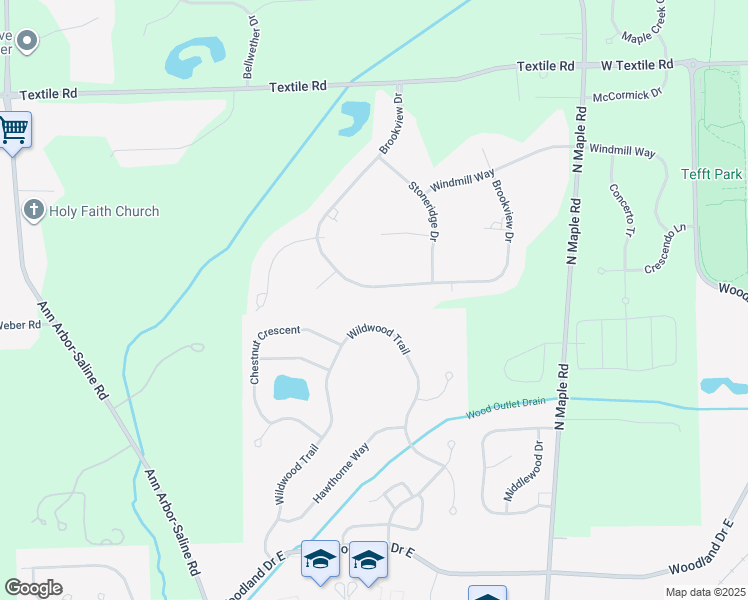 map of restaurants, bars, coffee shops, grocery stores, and more near 1819 Brookview Drive in Saline