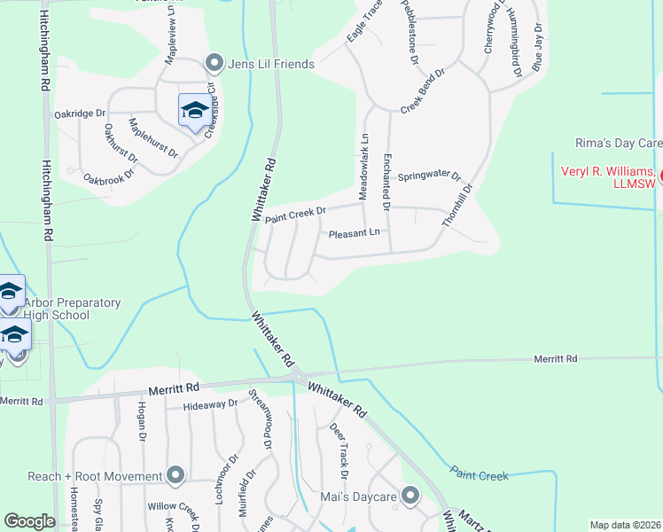 map of restaurants, bars, coffee shops, grocery stores, and more near 7764 Thornhill Drive in Ypsilanti
