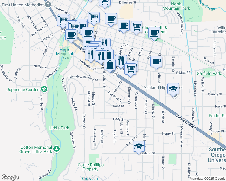 map of restaurants, bars, coffee shops, grocery stores, and more near 85 Union St in Ashland