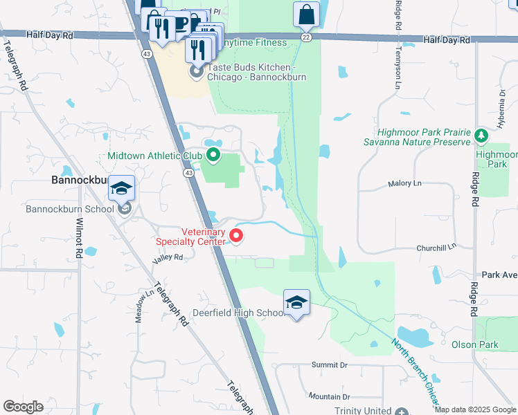map of restaurants, bars, coffee shops, grocery stores, and more near 2121 Waukegan Road in Bannockburn