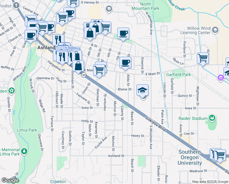 map of restaurants, bars, coffee shops, grocery stores, and more near 689 Siskiyou Boulevard in Ashland
