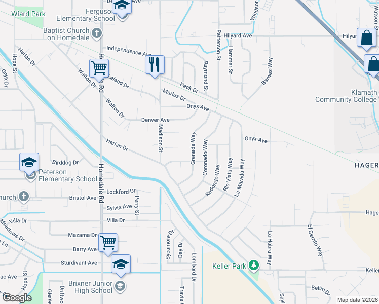 map of restaurants, bars, coffee shops, grocery stores, and more near 5884 Estate Drive in Klamath Falls