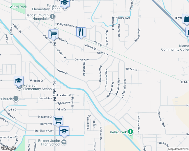 map of restaurants, bars, coffee shops, grocery stores, and more near 5884 Estate Drive in Klamath Falls