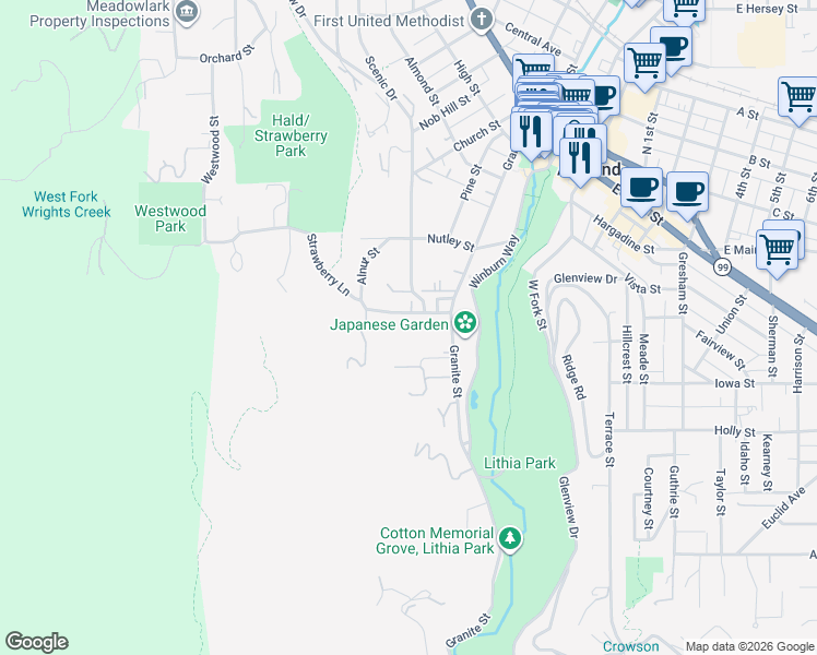 map of restaurants, bars, coffee shops, grocery stores, and more near 152 Strawberry Lane in Ashland