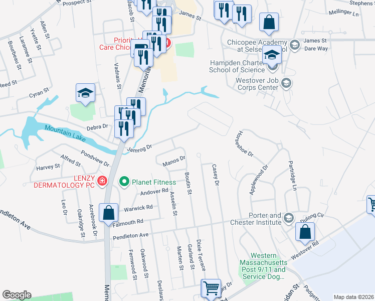 map of restaurants, bars, coffee shops, grocery stores, and more near 316 Bostwick Lane in Chicopee