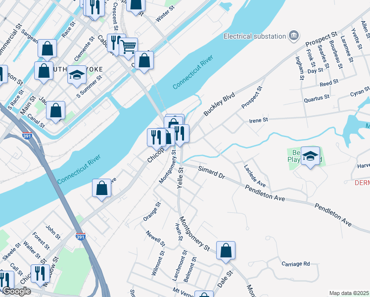 map of restaurants, bars, coffee shops, grocery stores, and more near 49 Prospect Street in Chicopee