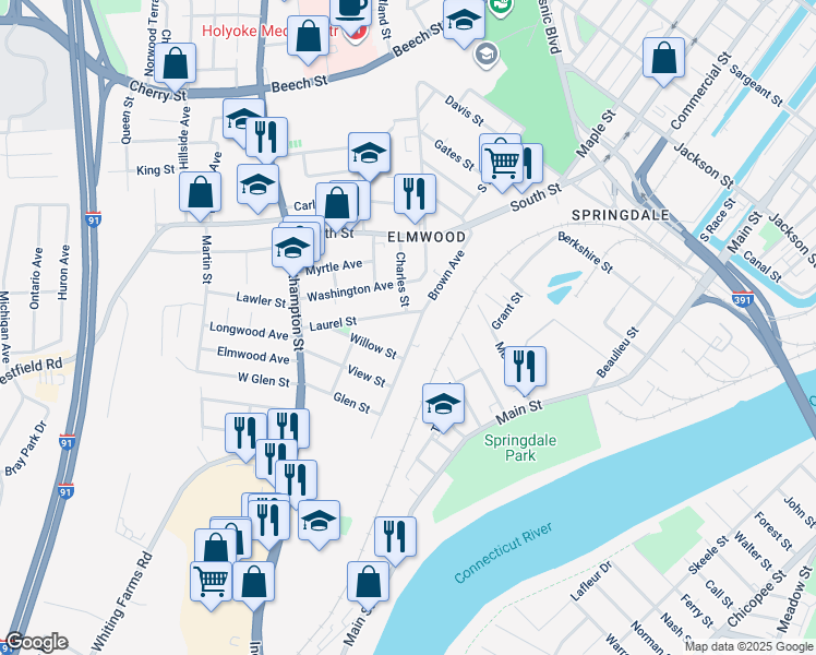 map of restaurants, bars, coffee shops, grocery stores, and more near in Holyoke