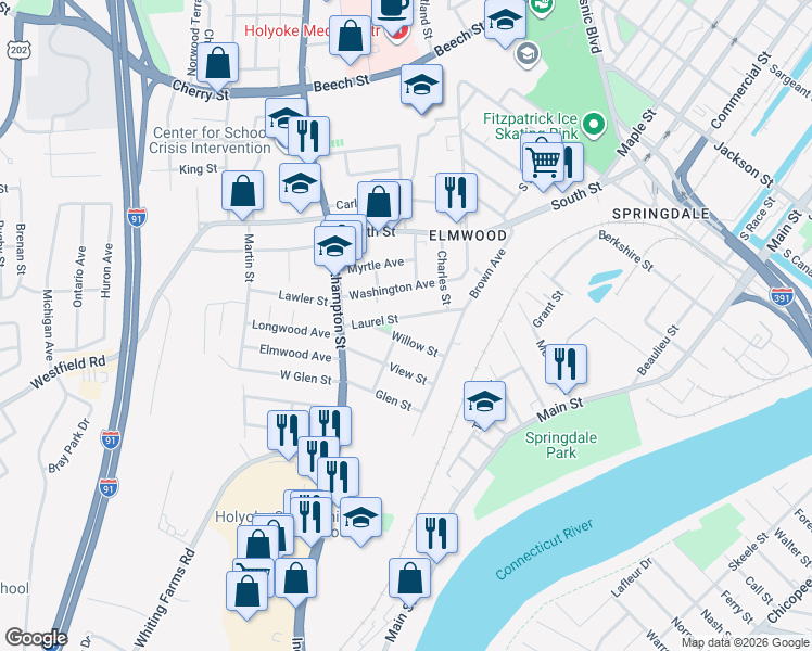 map of restaurants, bars, coffee shops, grocery stores, and more near 34 Laurel Street in Holyoke