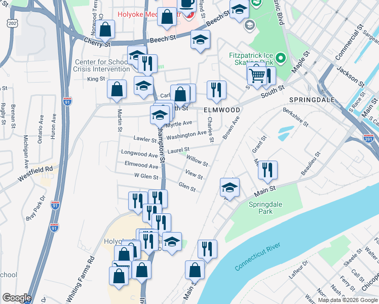 map of restaurants, bars, coffee shops, grocery stores, and more near 34 Laurel Street in Holyoke