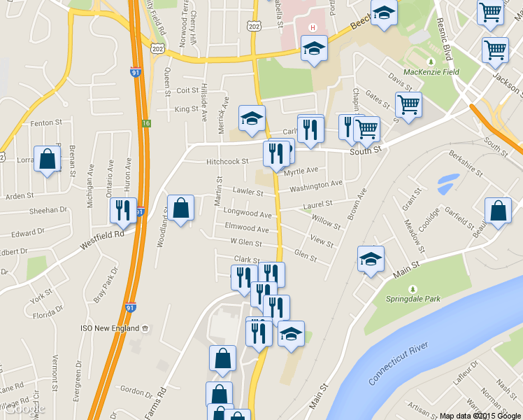 map of restaurants, bars, coffee shops, grocery stores, and more near 2057-2059 Northampton Street in Holyoke