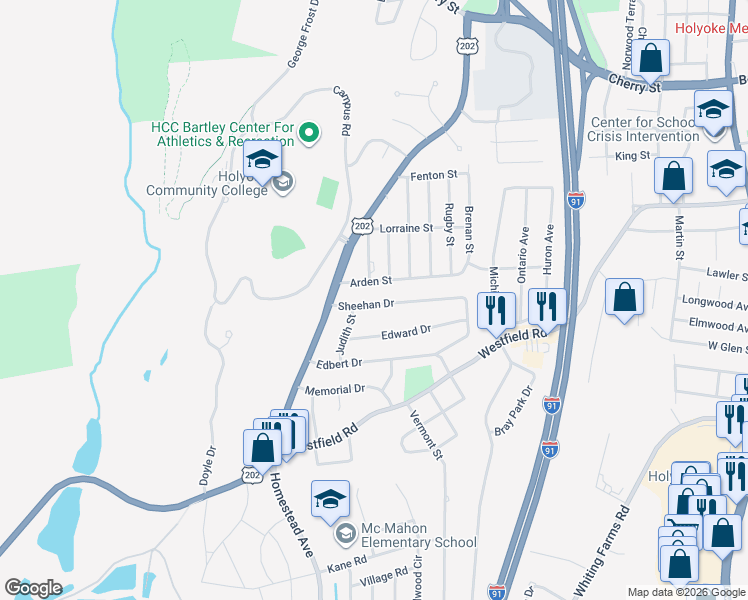map of restaurants, bars, coffee shops, grocery stores, and more near 141 Sheehan Drive in Holyoke