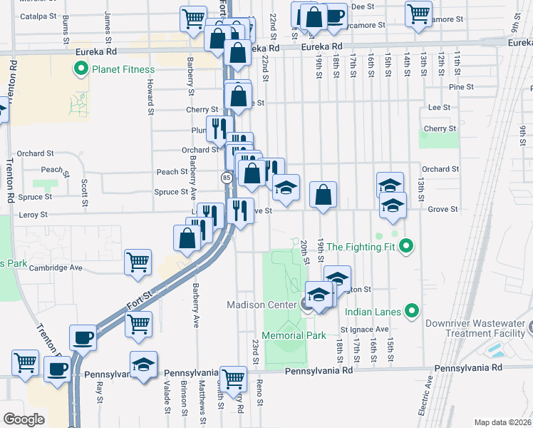 map of restaurants, bars, coffee shops, grocery stores, and more near 4014 22nd Street in Wyandotte
