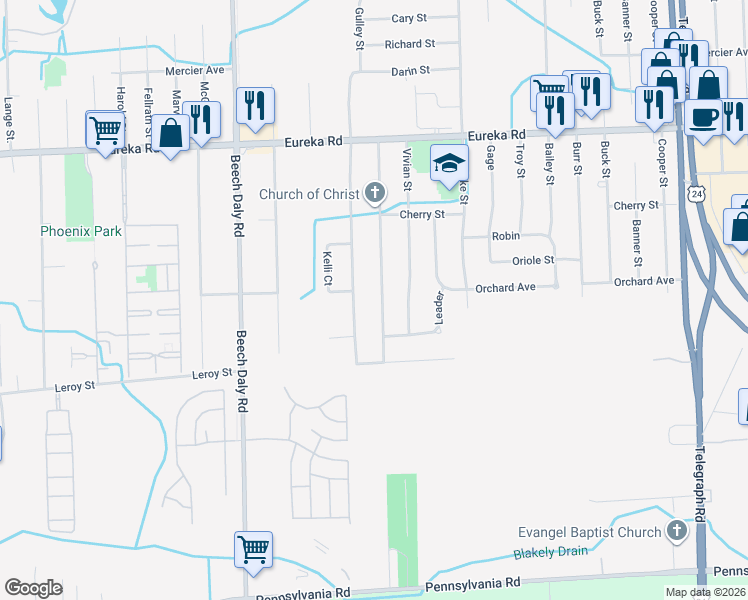 map of restaurants, bars, coffee shops, grocery stores, and more near 15636 Michael Street in Taylor