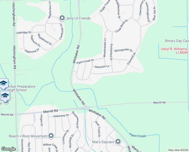map of restaurants, bars, coffee shops, grocery stores, and more near 7764 Thornhill Drive in Ypsilanti