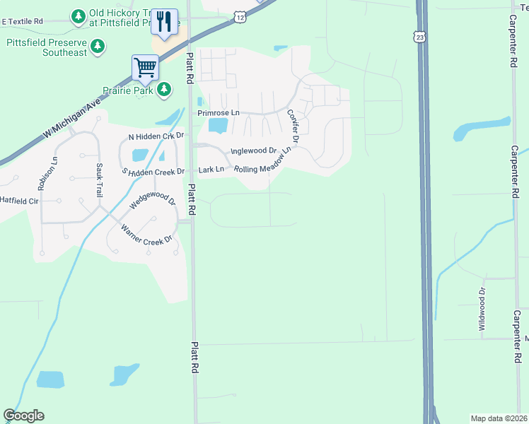 map of restaurants, bars, coffee shops, grocery stores, and more near 4228 Rolling Meadow Lane in Ypsilanti