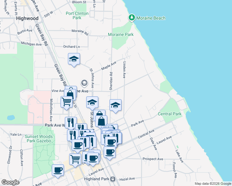 map of restaurants, bars, coffee shops, grocery stores, and more near 2172 Linden Avenue in Highland Park