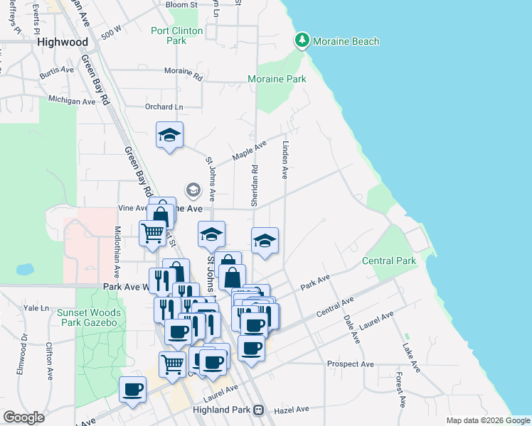 map of restaurants, bars, coffee shops, grocery stores, and more near 2172 Linden Avenue in Highland Park