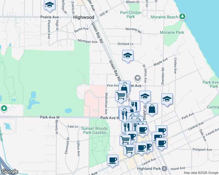 map of restaurants, bars, coffee shops, grocery stores, and more near 596 Vine Avenue in Highland Park