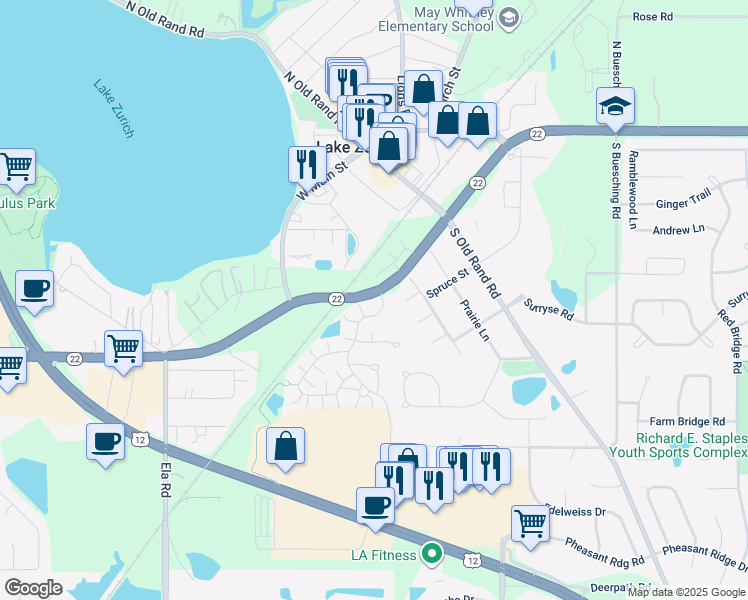map of restaurants, bars, coffee shops, grocery stores, and more near 204 Dearborn Court in Lake Zurich