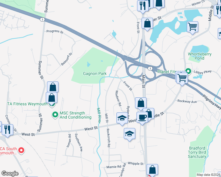 map of restaurants, bars, coffee shops, grocery stores, and more near 97 Mill Street in Weymouth