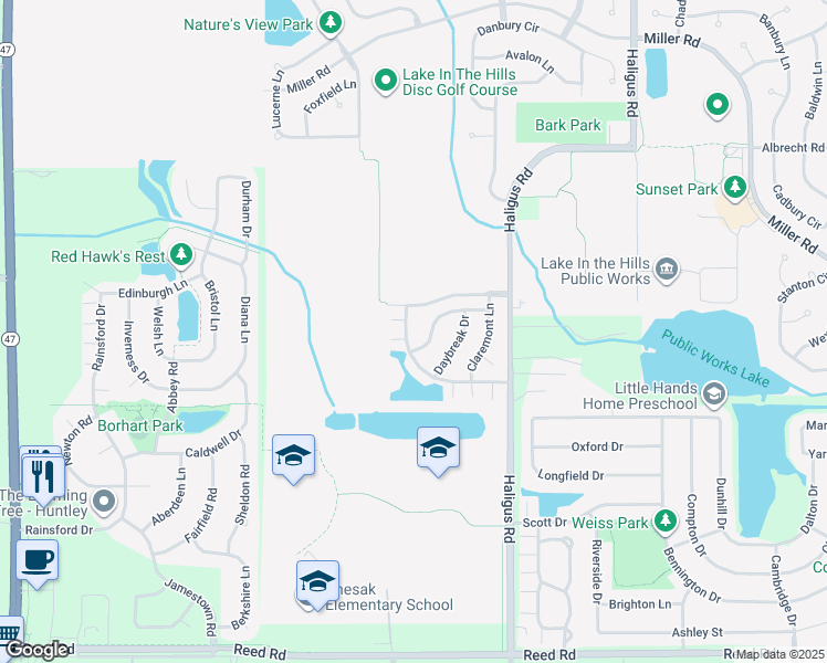 map of restaurants, bars, coffee shops, grocery stores, and more near 5601 Wildspring Drive in Lake in the Hills