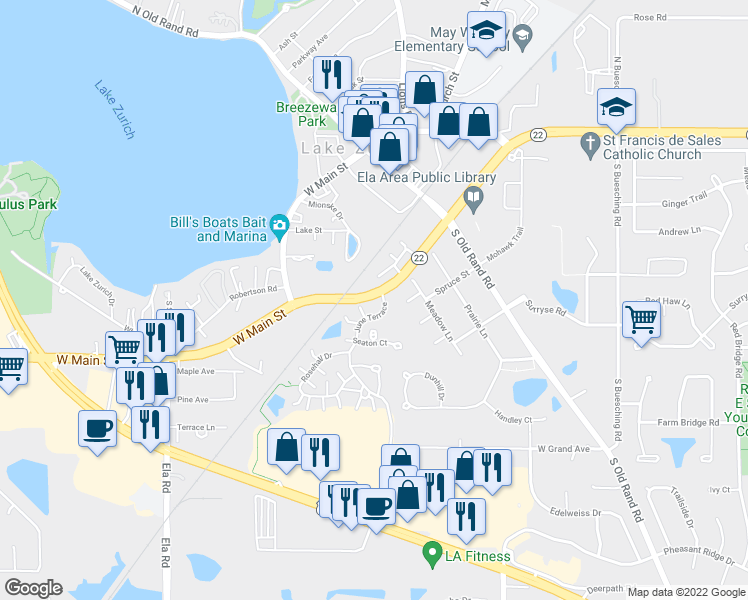 map of restaurants, bars, coffee shops, grocery stores, and more near 204 Dearborn Court in Lake Zurich