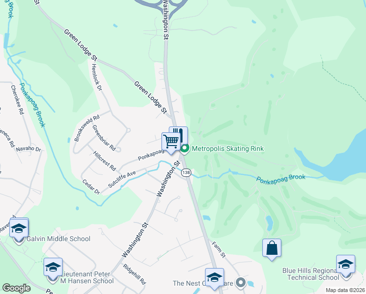 map of restaurants, bars, coffee shops, grocery stores, and more near 2187 Washington Street in Canton