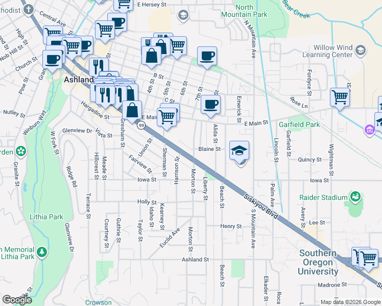 map of restaurants, bars, coffee shops, grocery stores, and more near 689 Siskiyou Boulevard in Ashland