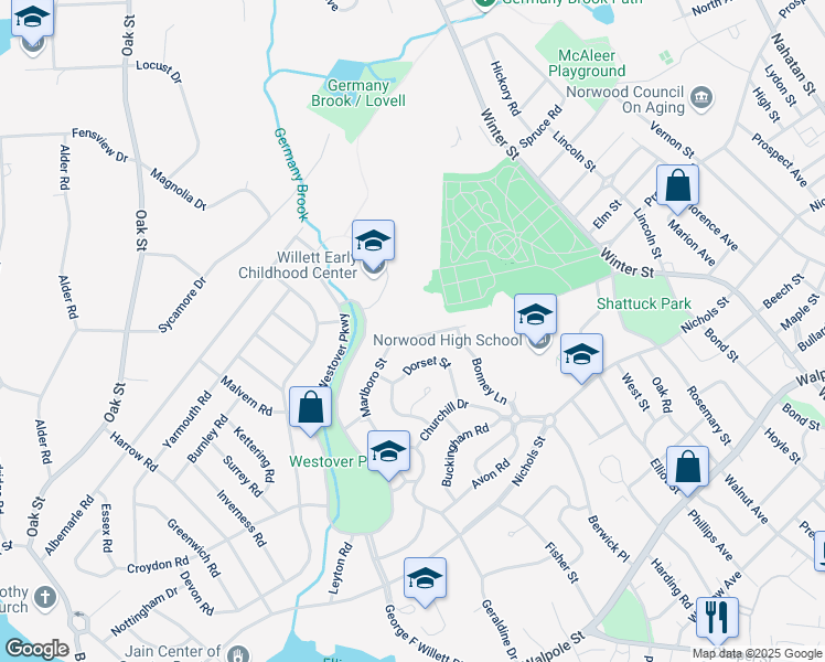 map of restaurants, bars, coffee shops, grocery stores, and more near 60 Marlboro Street in Norwood