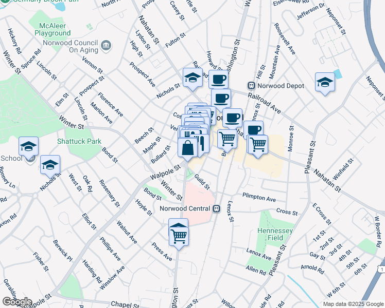 map of restaurants, bars, coffee shops, grocery stores, and more near 714 Washington Street in Norwood