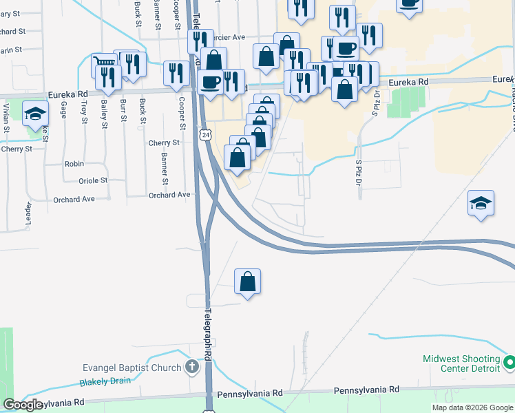 map of restaurants, bars, coffee shops, grocery stores, and more near 15709 Dupage Boulevard in Taylor