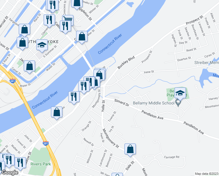 map of restaurants, bars, coffee shops, grocery stores, and more near 59 Prospect Street in Chicopee