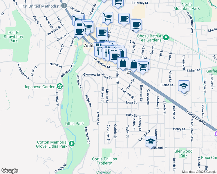 map of restaurants, bars, coffee shops, grocery stores, and more near 134 Meade Street in Ashland