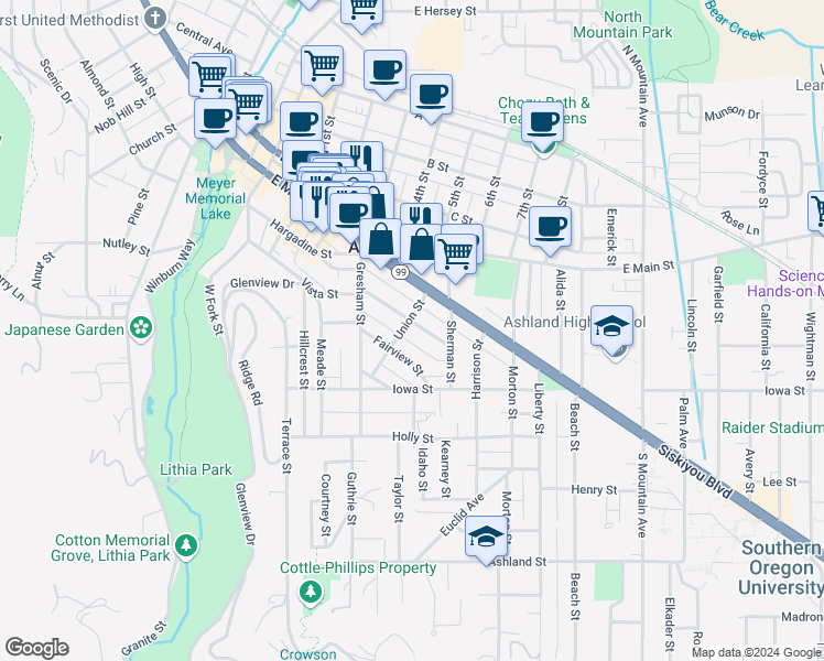 map of restaurants, bars, coffee shops, grocery stores, and more near 540 Allison Street in Ashland
