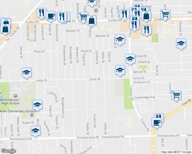 map of restaurants, bars, coffee shops, grocery stores, and more near 15765 Fordline Street in Southgate