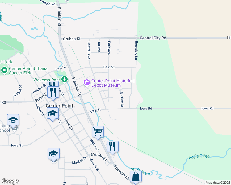 map of restaurants, bars, coffee shops, grocery stores, and more near 615 Sunrise Court in Center Point