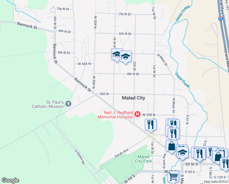 map of restaurants, bars, coffee shops, grocery stores, and more near 311 3rd West Street in Malad City