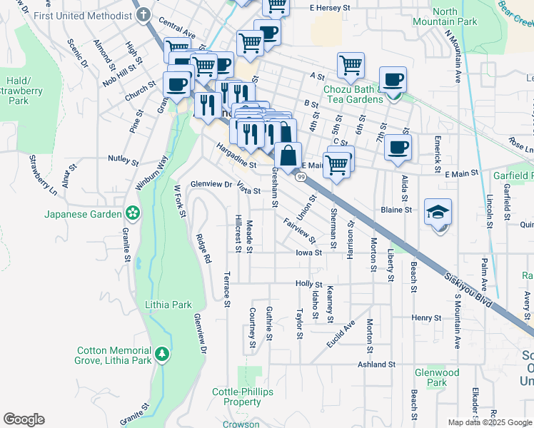 map of restaurants, bars, coffee shops, grocery stores, and more near 143 Gresham Street in Ashland