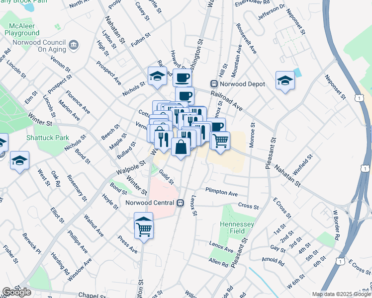 map of restaurants, bars, coffee shops, grocery stores, and more near 54 Broadway in Norwood