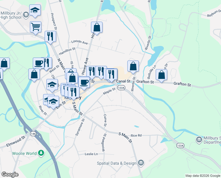 map of restaurants, bars, coffee shops, grocery stores, and more near 41 Maple Street in Millbury