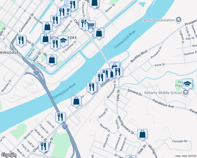 map of restaurants, bars, coffee shops, grocery stores, and more near 18 Tourtelotte Avenue in Chicopee