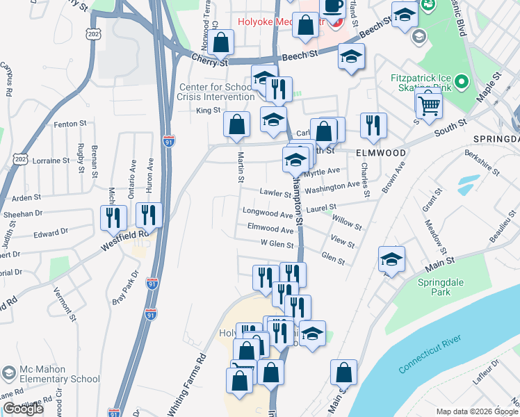 map of restaurants, bars, coffee shops, grocery stores, and more near 37-41 Longwood Avenue in Holyoke