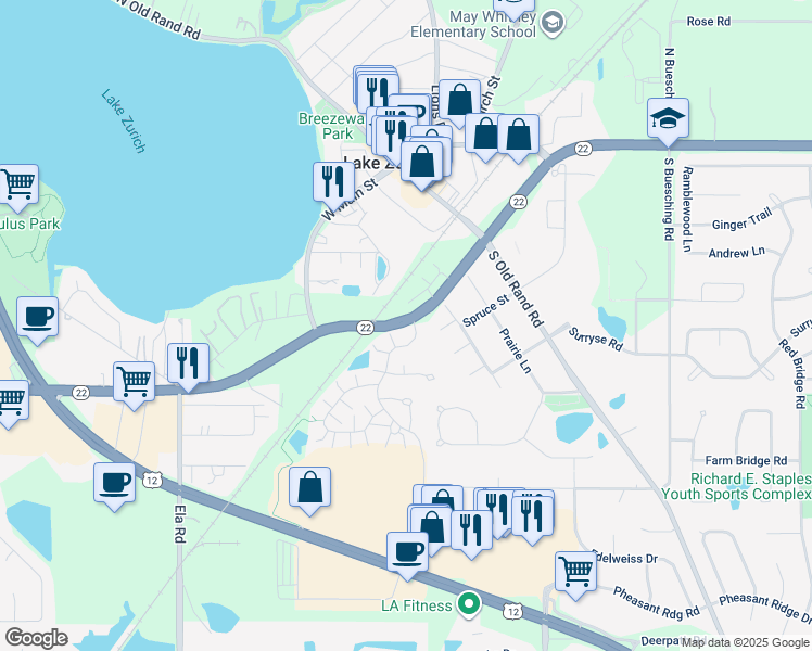 map of restaurants, bars, coffee shops, grocery stores, and more near 204 Dearborn Court in Lake Zurich