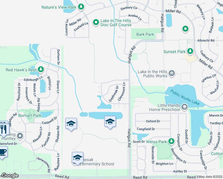 map of restaurants, bars, coffee shops, grocery stores, and more near 2233 Daybreak Drive in Lake in the Hills
