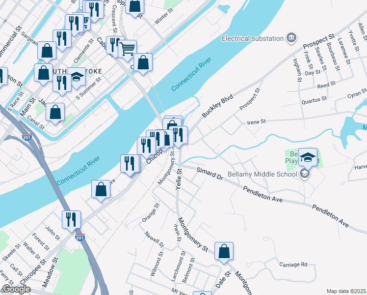 map of restaurants, bars, coffee shops, grocery stores, and more near 49 Prospect Street in Chicopee