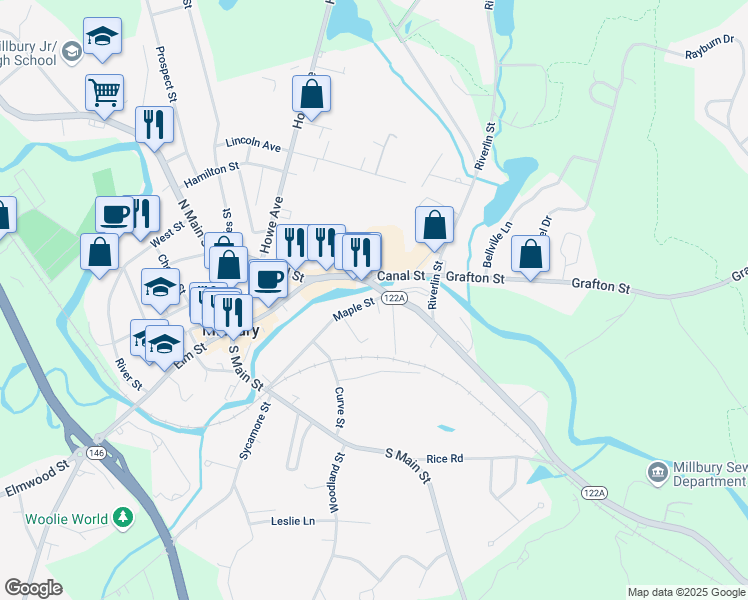 map of restaurants, bars, coffee shops, grocery stores, and more near 54 Maple St in Millbury