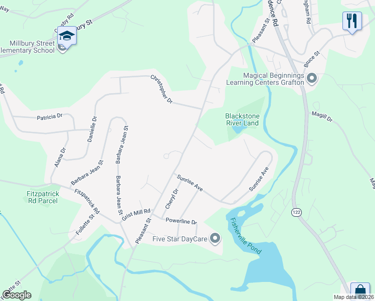 map of restaurants, bars, coffee shops, grocery stores, and more near 77 Pleasant Street in Grafton