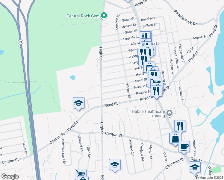 map of restaurants, bars, coffee shops, grocery stores, and more near 62 Emeline Street in Randolph