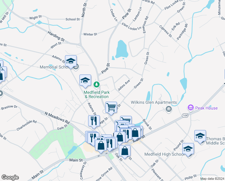 map of restaurants, bars, coffee shops, grocery stores, and more near 6 Meade Avenue in Medfield